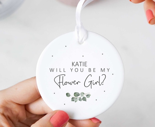 Personalised Will You Be My Flower Girl? Wedding Proposal Ceramic Keepsake - Eucalyptus Sage Green Design